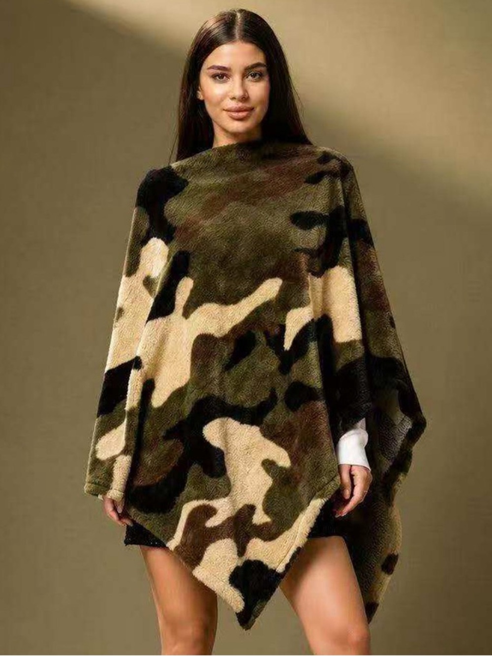 Cozy Camo Poncho Sweater - Olive & Beige